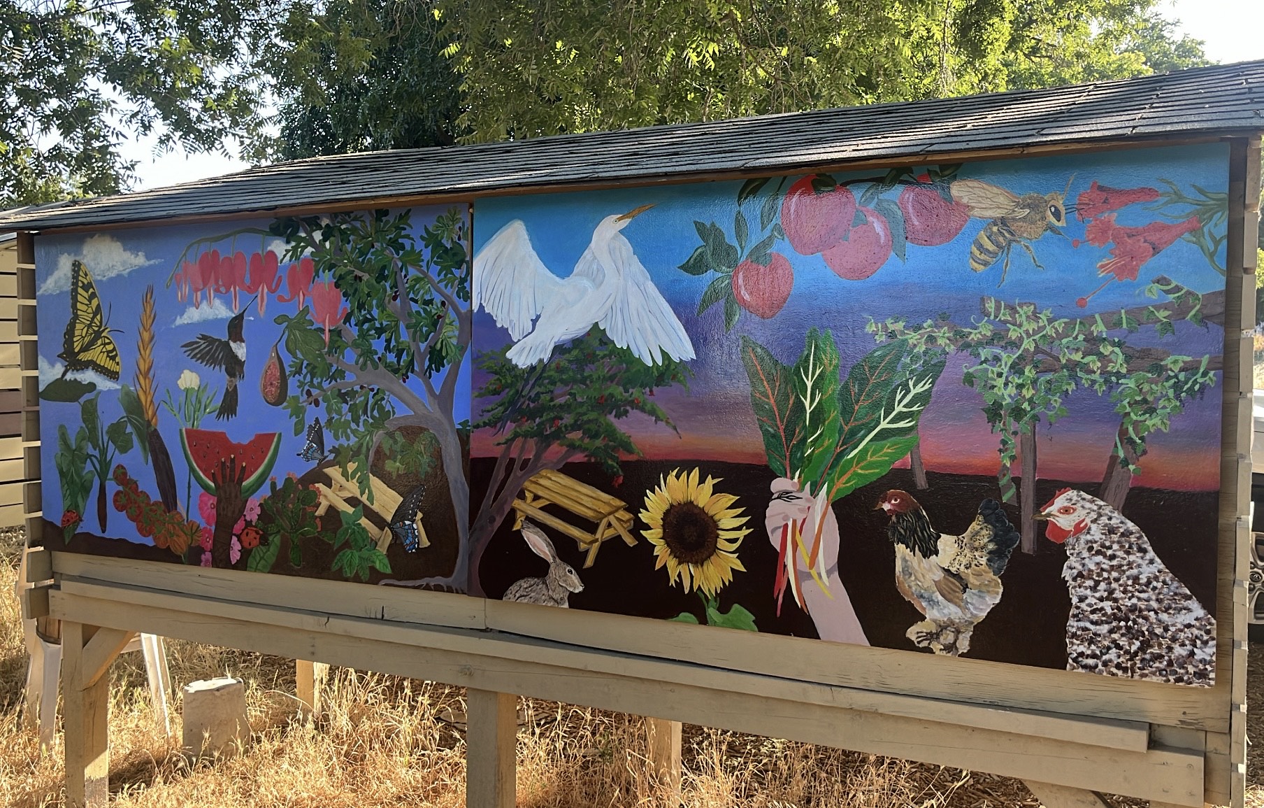 Image of part of the completed mural. Contains various depictions of plants, insects, and birds.