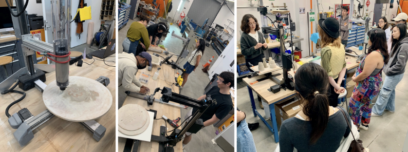 Photos of students 3D printing clay